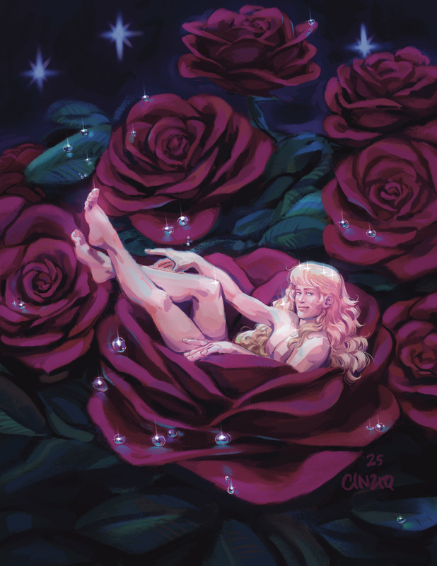 A digital painting of a bush of roses at night. Stars twinkle in the dark sky and dew drops are scattered across the dark red petals. Cavendish sits in a rose at the center. He is nude but covered tastefully by the petals. He leans back, posing with one arm and one leg lifting, performing a sultry burlesque number. His other leg is bent as if he is alternating kicking his feet. He gazes at the viewer with a soft smirk, his hair cascading down around his shoulders and on to the rose. He glows softly in the moonlight, flushed pink on his face and extremities.