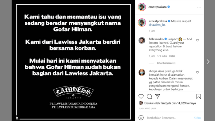 Unggahan Ernest Prakasa yang turut memberikan reaksi atas pernyataan resmi Lawless Jakarta