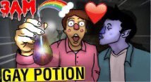 a drawing by atr11um showing a shocked knuckle sandwich protagonist holding a potion with busdriver going to kiss him. text on the image says "3am gay potion"