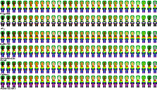 a row of people with pride flag shirts and darker green hair