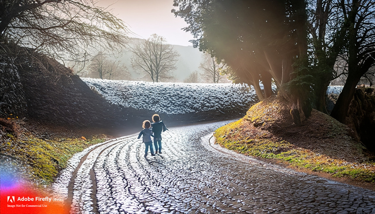 Firefly magical road with curves representing a personal journey, with wet ground made of cobbleston