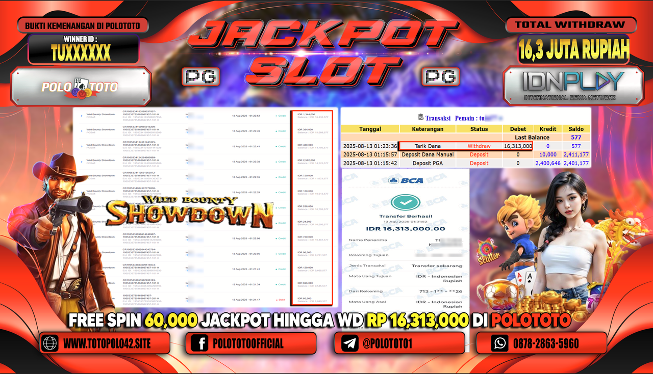 POLOTOTO JACKPOT SLOT WILD BOUNTY SHOWDOWN Rp.16.300.000,-LUNAS