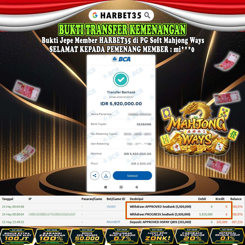 HARBET35 JEPE! Di PG Soft Mahjong Ways Rp 5.920.000,- LUNAS!
