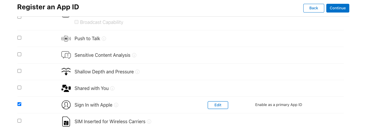Select "Sign in with Apple" capability