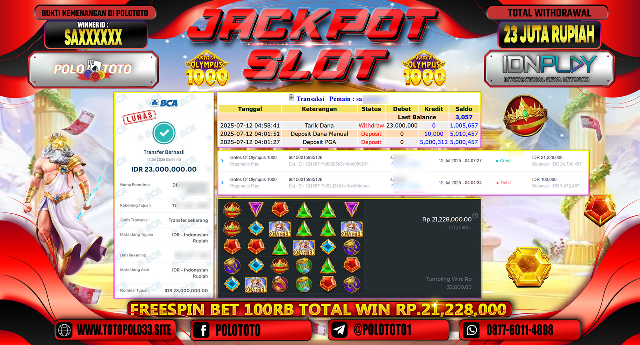 POLOTOTO JACKPOT SLOT GATES OF OLYMPUS 1000 Rp.23.000.000,-