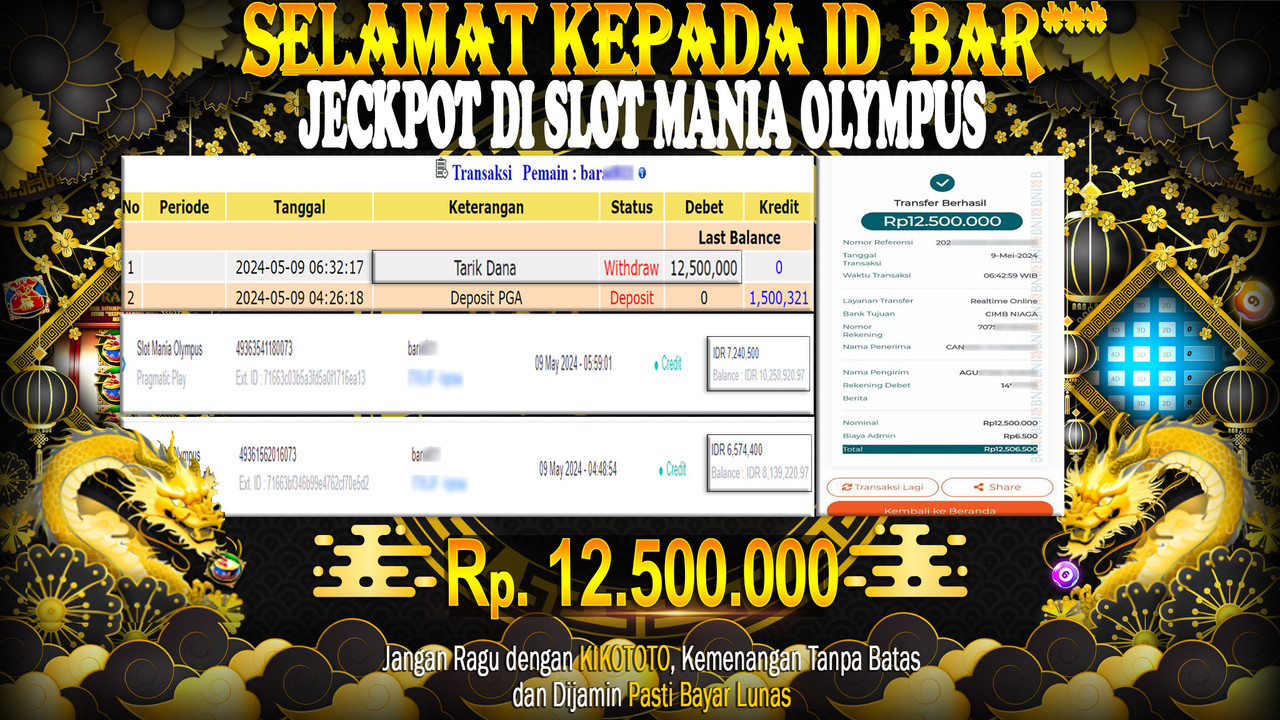 LAGI - LAGI !! MENANG BESAR DI SLOT ONLINE MANIA OLYMPUS  Rp 12,500,000 LANGSUNG DAN TANPA BASA BASI DI BAYAR KIKOTOTO !!!
