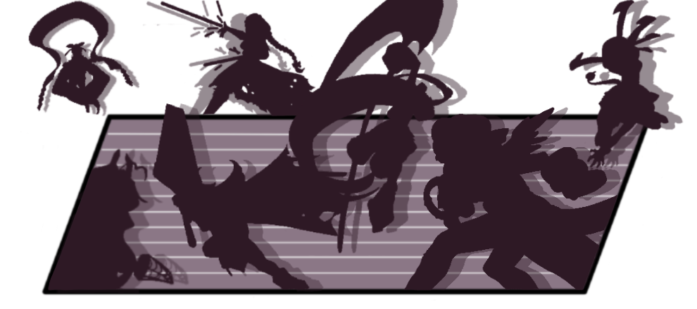 Seven mysterious silhouettes duke it out on the character portrait background. You might see some figures you recognize.