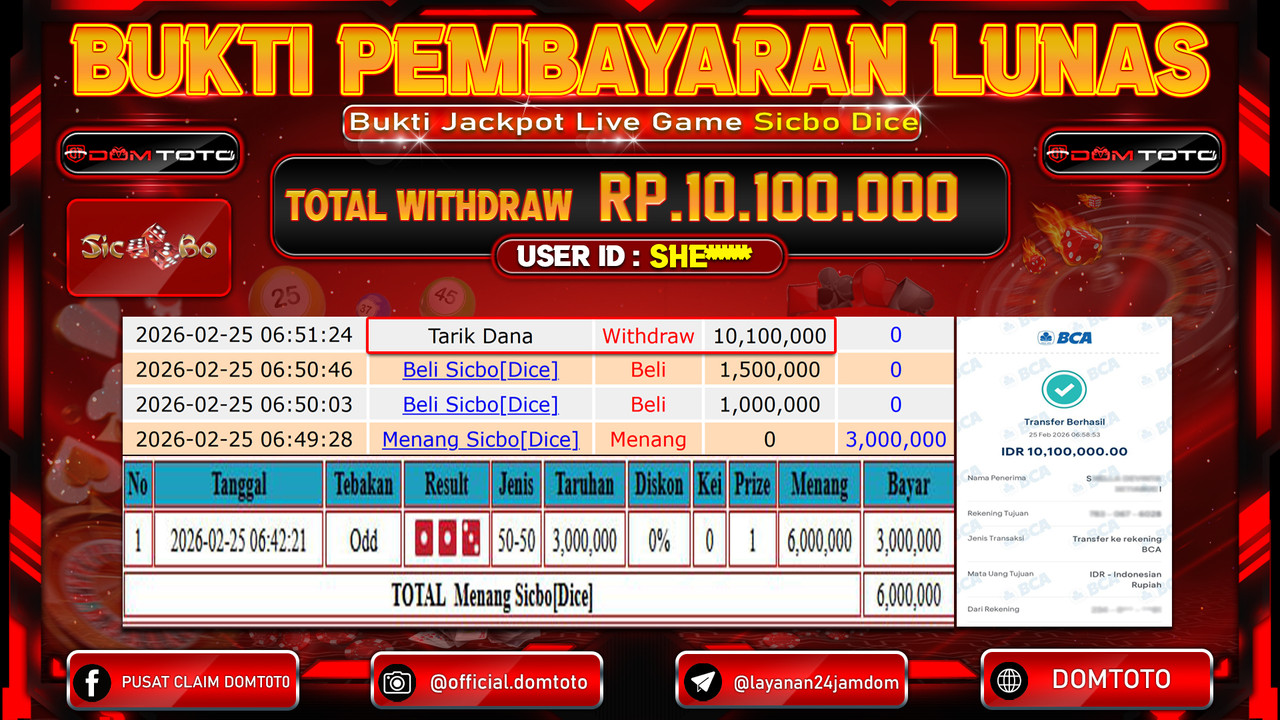 JACKPOT Live Games Sicbo Dice 25 FEBRUARI 2026