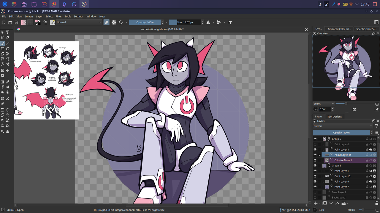 A screenshot of kubuntu running Krita. The illustration I'm working on is Io sitting with their wings retracted and looking up