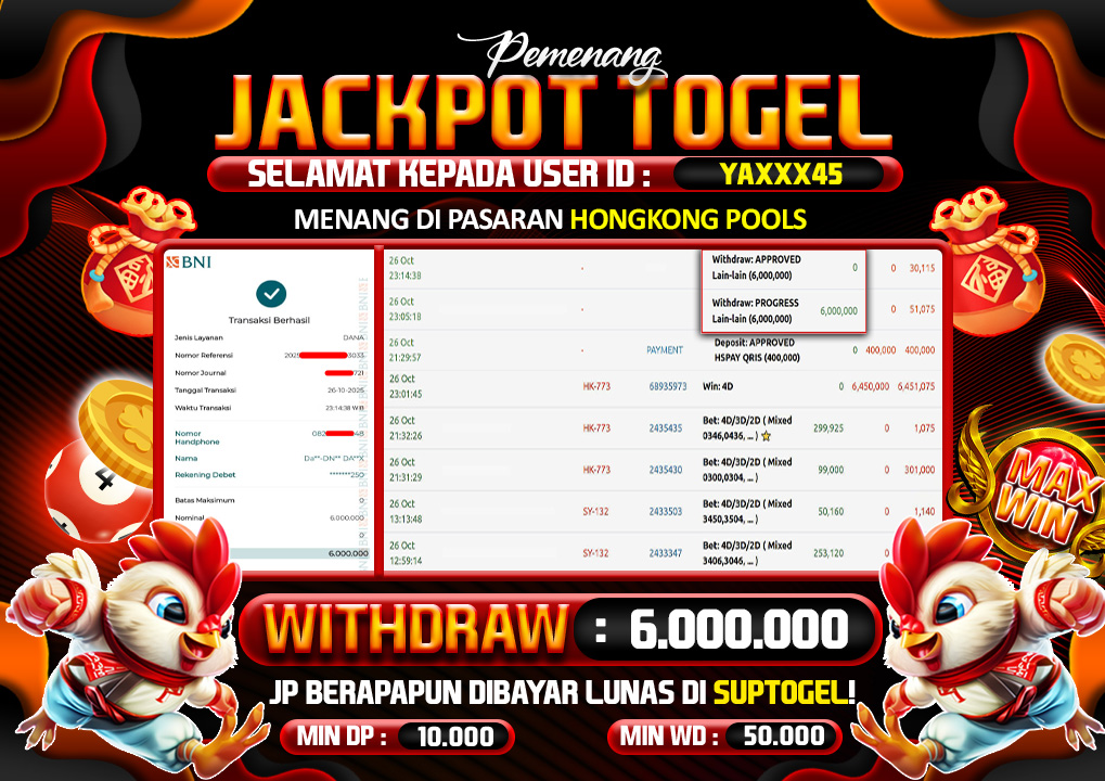  BUKTI KEMENANGAN 26 OCTOBER 2025 MENANG TOGEL HONGKONG POOLS 6 JT