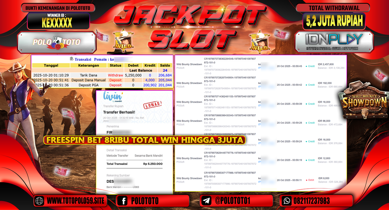 POLOTOTO JACKPOT SLOT WILD BOUNTHY SHOWDOWN Rp.5.200.000,- LUNAS