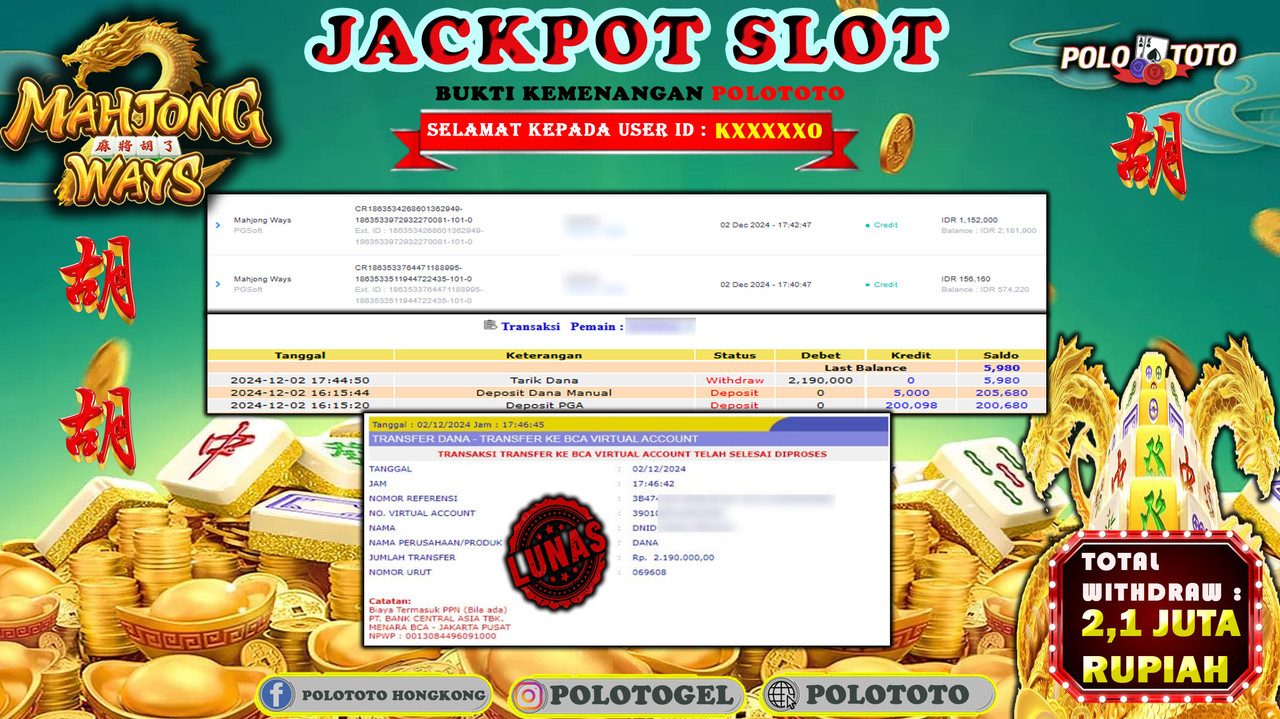 POLOTOTO JACKPOT SLOT MAHJONG WAYS  Rp.2,190.000,-
