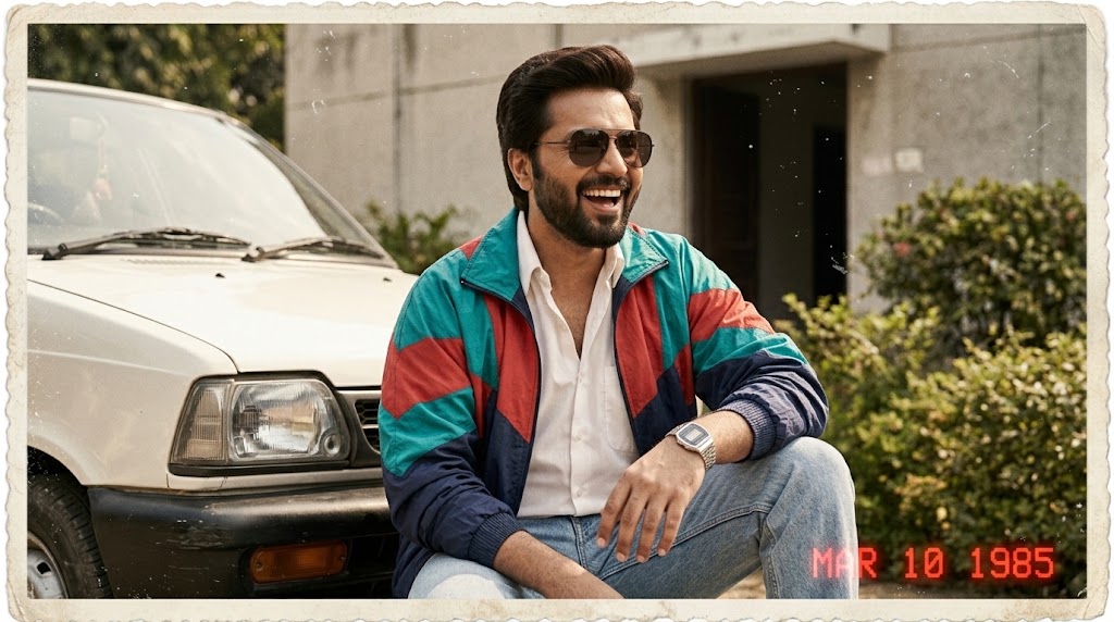 AI-generated example result for the creative-images prompt: 1985 Retro Windbreaker Portrait by Prompt Craft