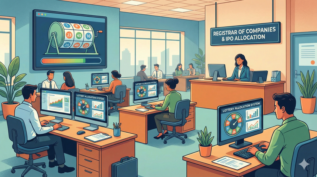 Illustration of a registrar office running a computerized lottery system