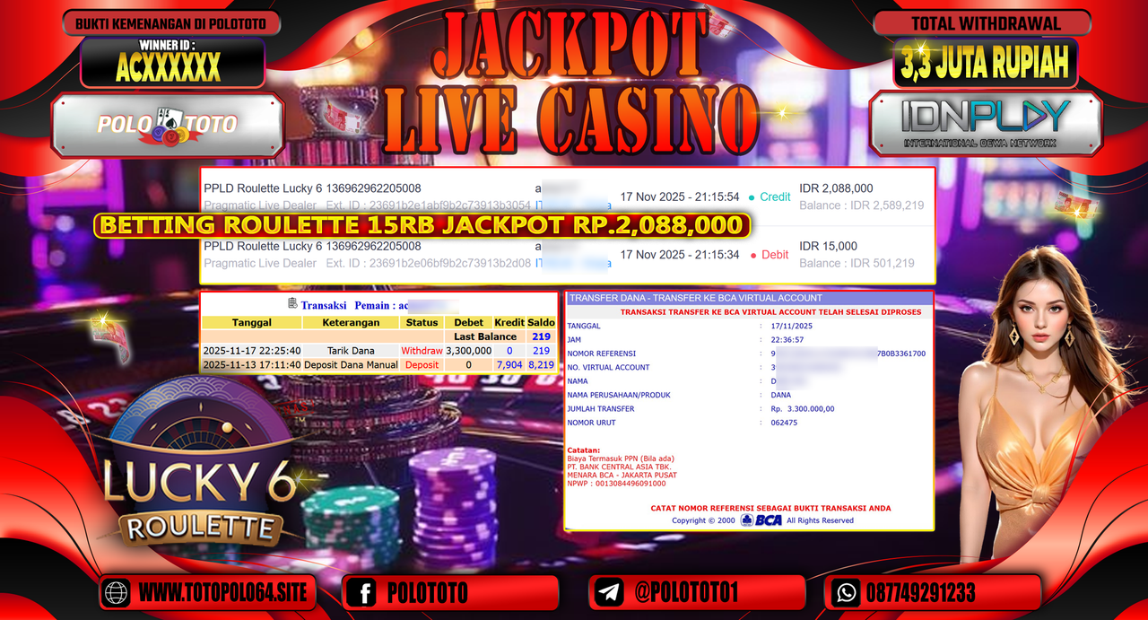 POLOTOTO JACKPOT LIVE CASINO PPLD ROULETTE LUCKY 6 Rp.3.300.000,- LUNAS