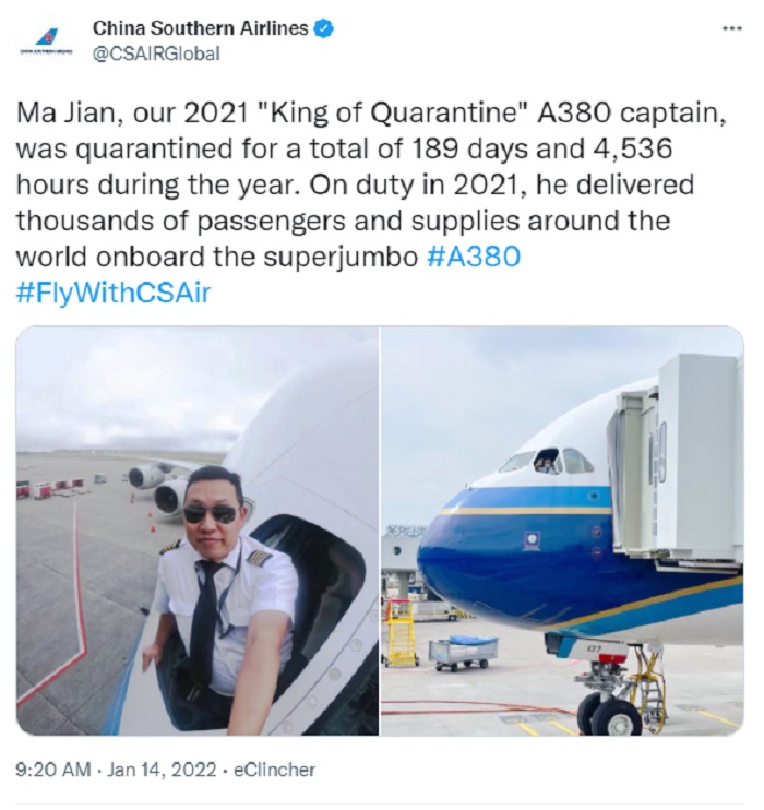 Ma Jian, seorang pilot dari maskapai China Southern Airlines, menghabiskan 189 hari di tahun 2021 hanya untuk karantina.