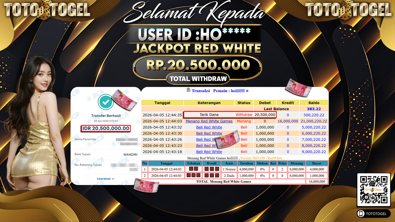 Bukti Pembayaran Jackpot Permainan Live Game Red White ID:HO*****LUNAS