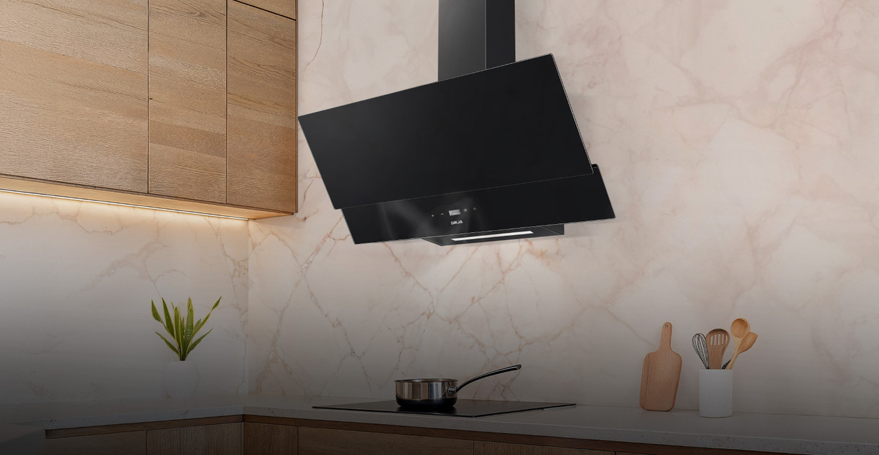 Gama premium de extractores de grasa campana Drija de diseño contemporáneo instalados en cocinas de alta gama