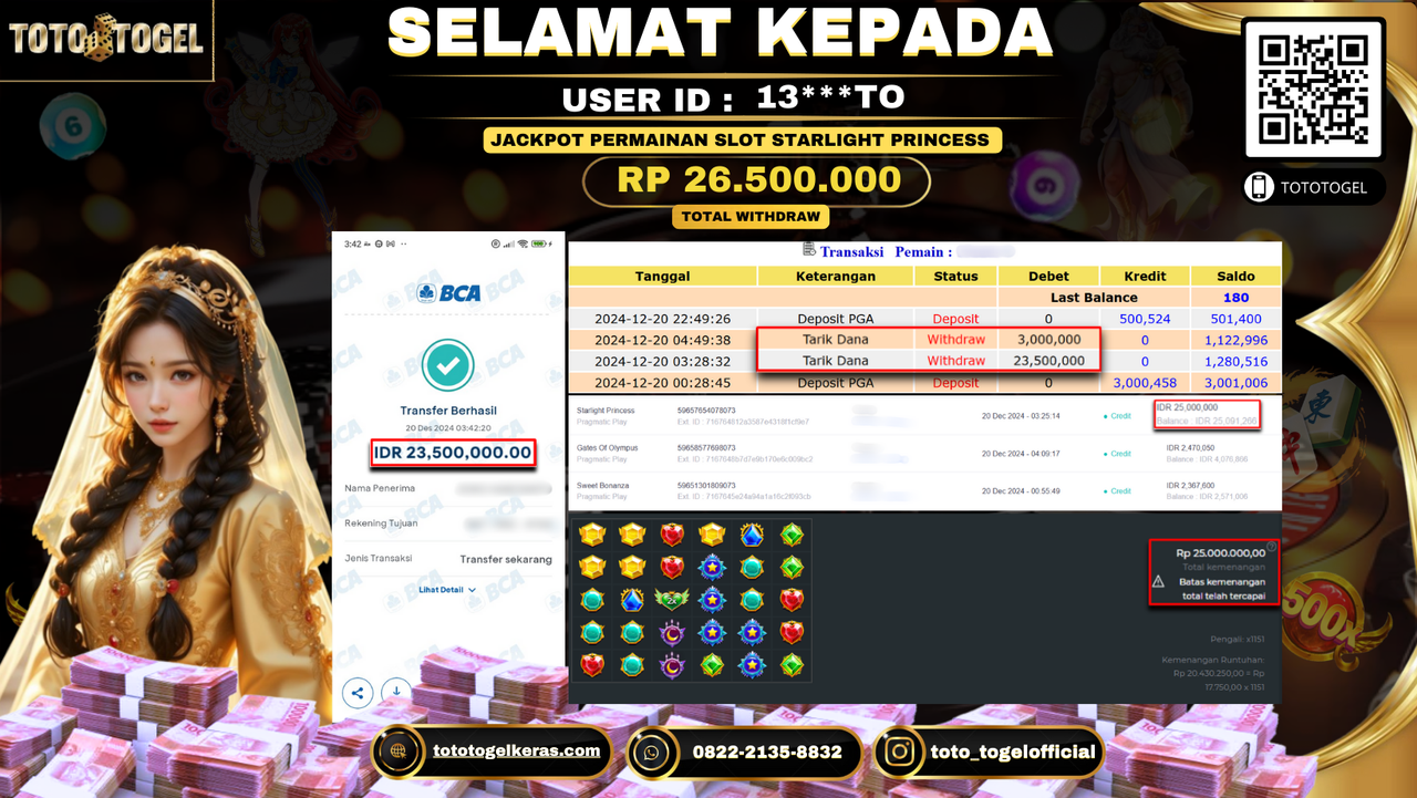 Bukti Pembayaran Jackpot Permainan Slot Starlight Princess ID: 13***TO LUNAS