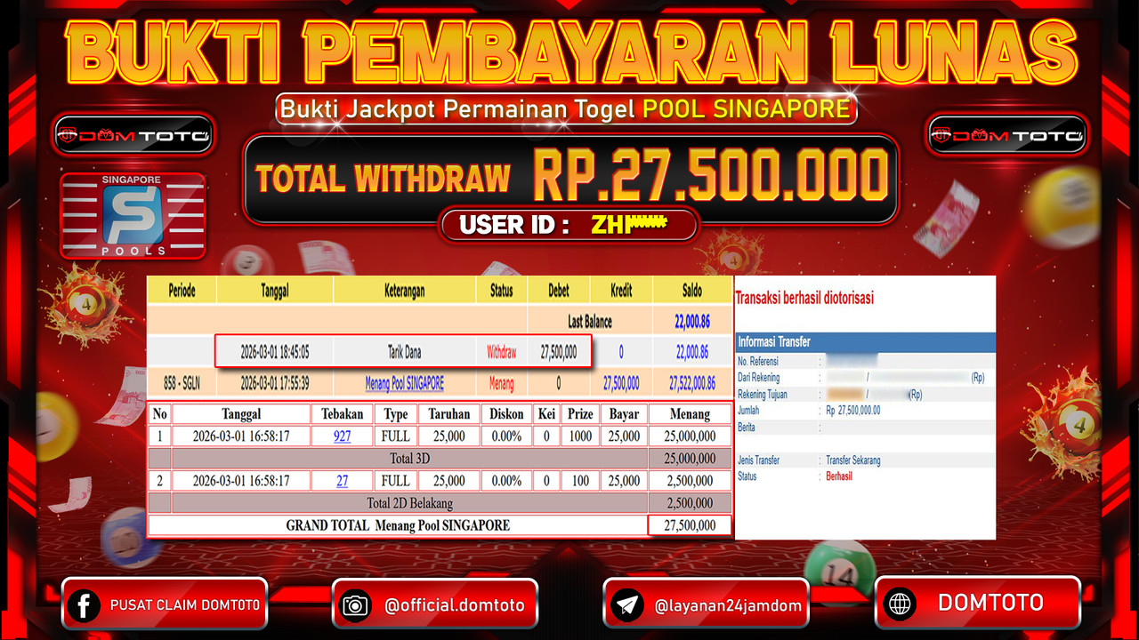 JACKPOT TOGEL Pool SINGAPORE 01 MARET 2026