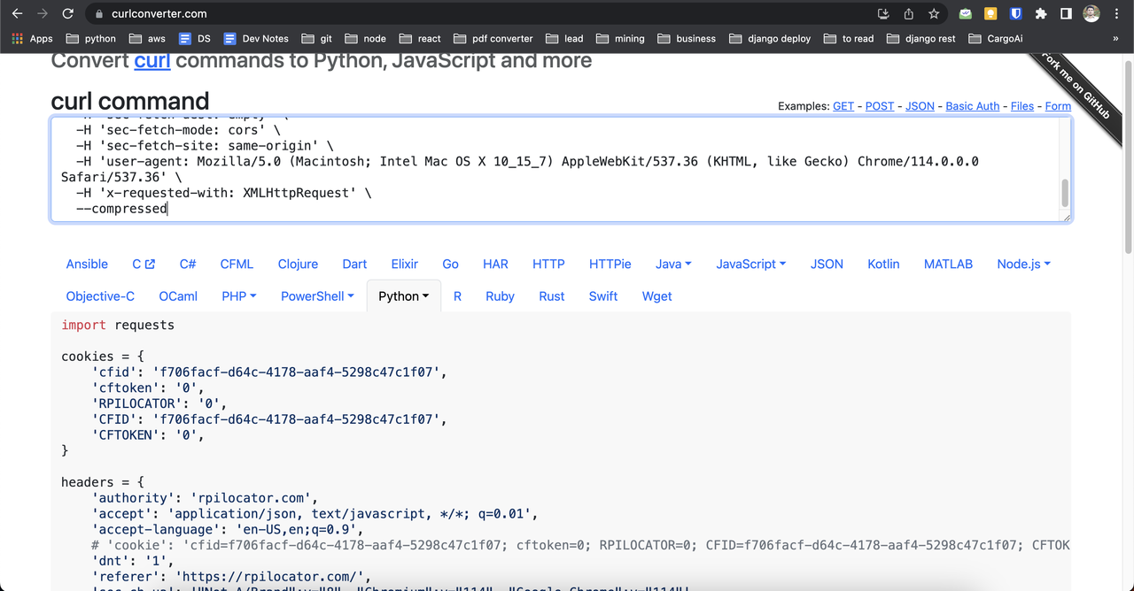 Using curlconverter to Convert cURL to Python Code Using curlconverter to Convert cURL to Python Code