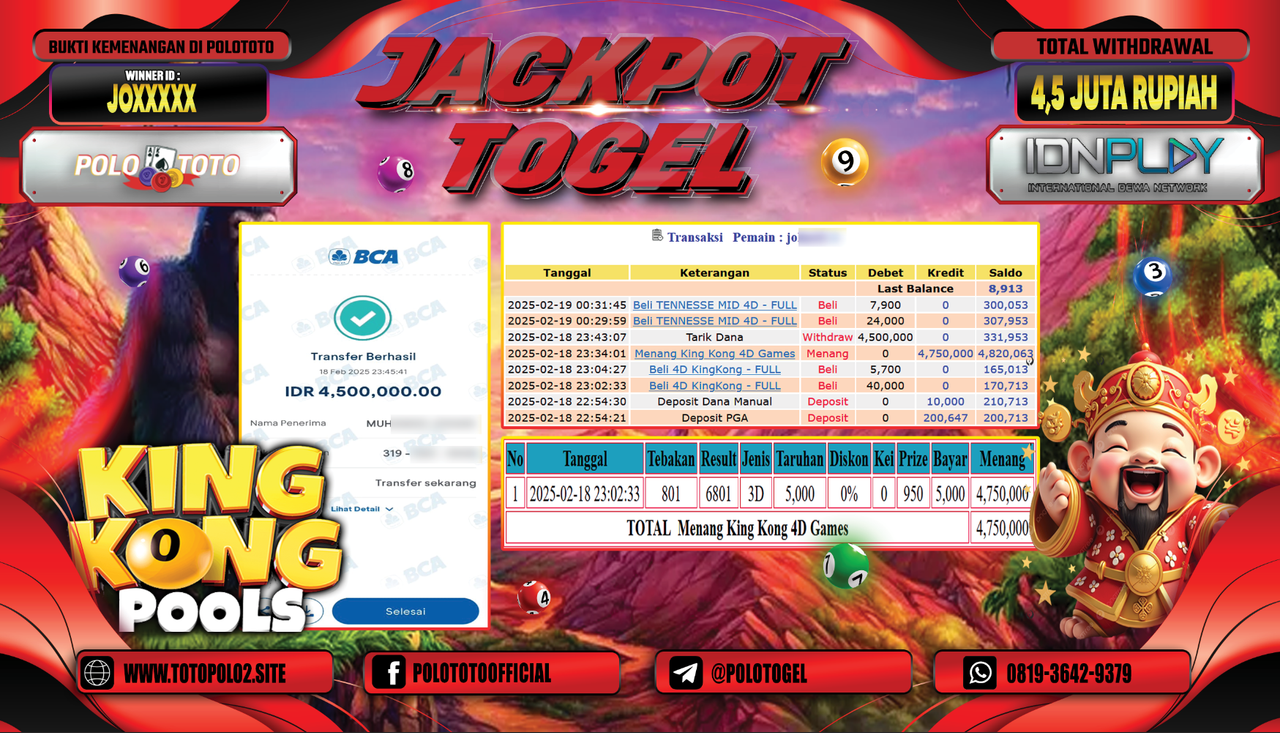 POLOTOTO JACKPOT TOGEL PASARAN KING KONG 4D Rp.4.500.000,-