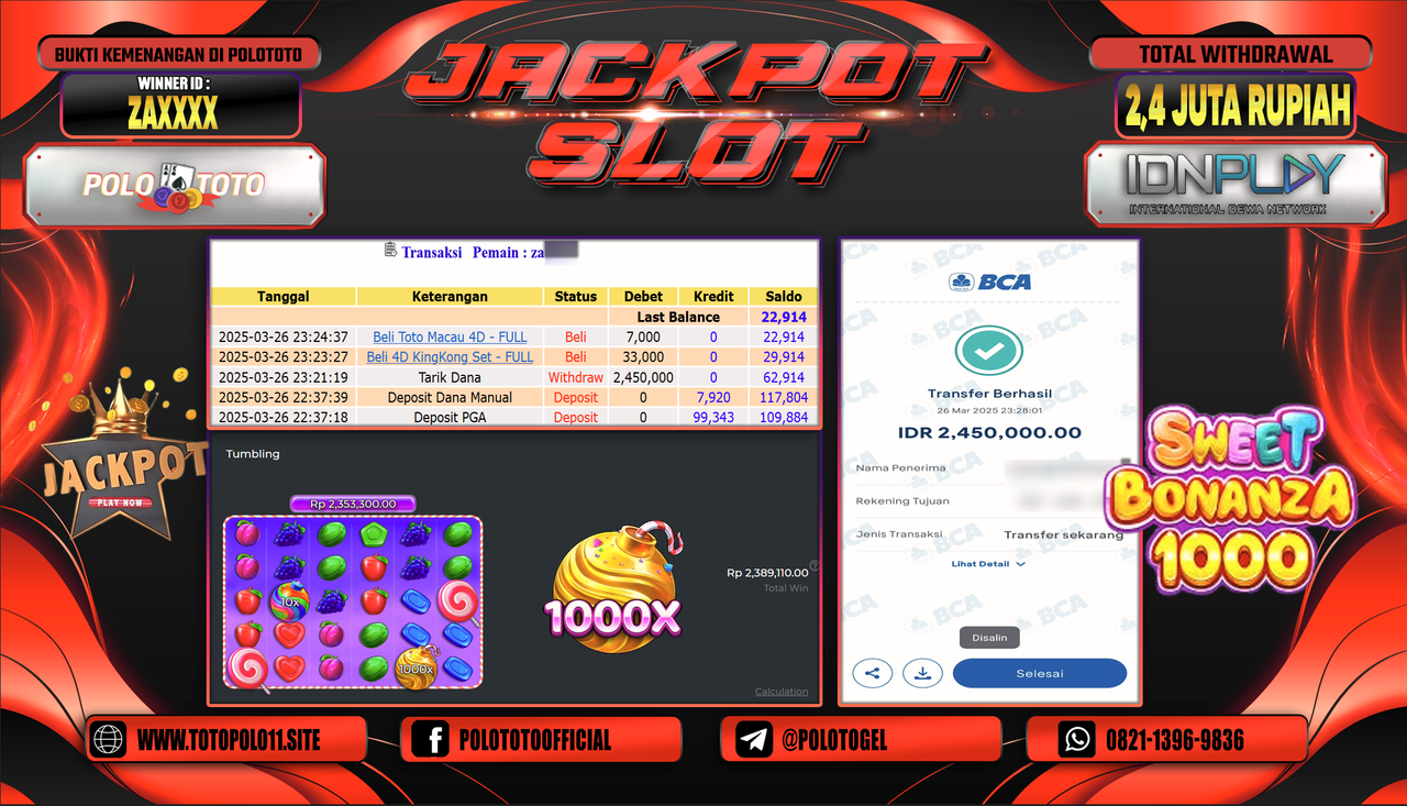 POLOTOTO JACKPOT SLOT SWEET BONANZA Rp.2.400.000,- LUNAS