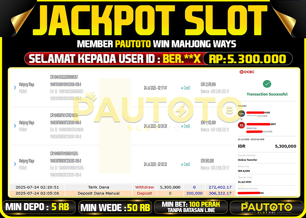 BUKTI PEMBAYARAN TGL 23 JULY 2025 MENANG DI PERMAINAN MAHJONG WAYS TOTAL WD 5,3 JUTA