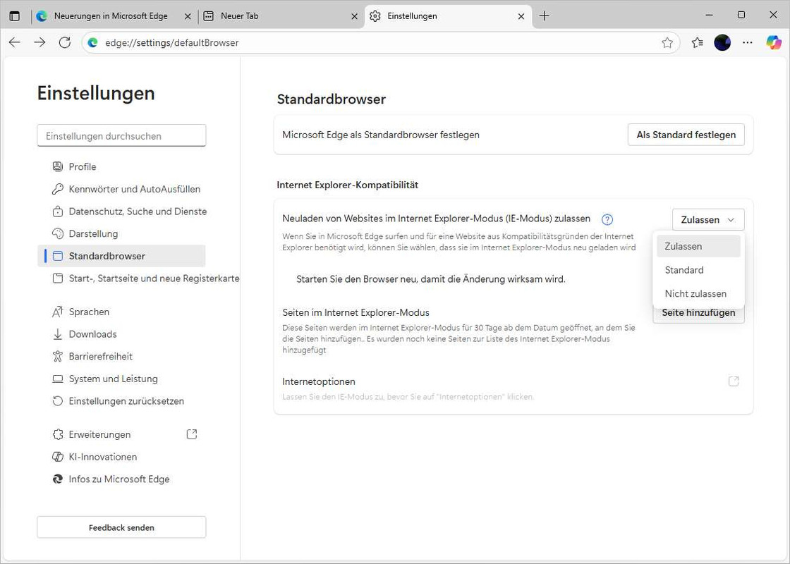 Edge-Einstellungen für den IE-Modus