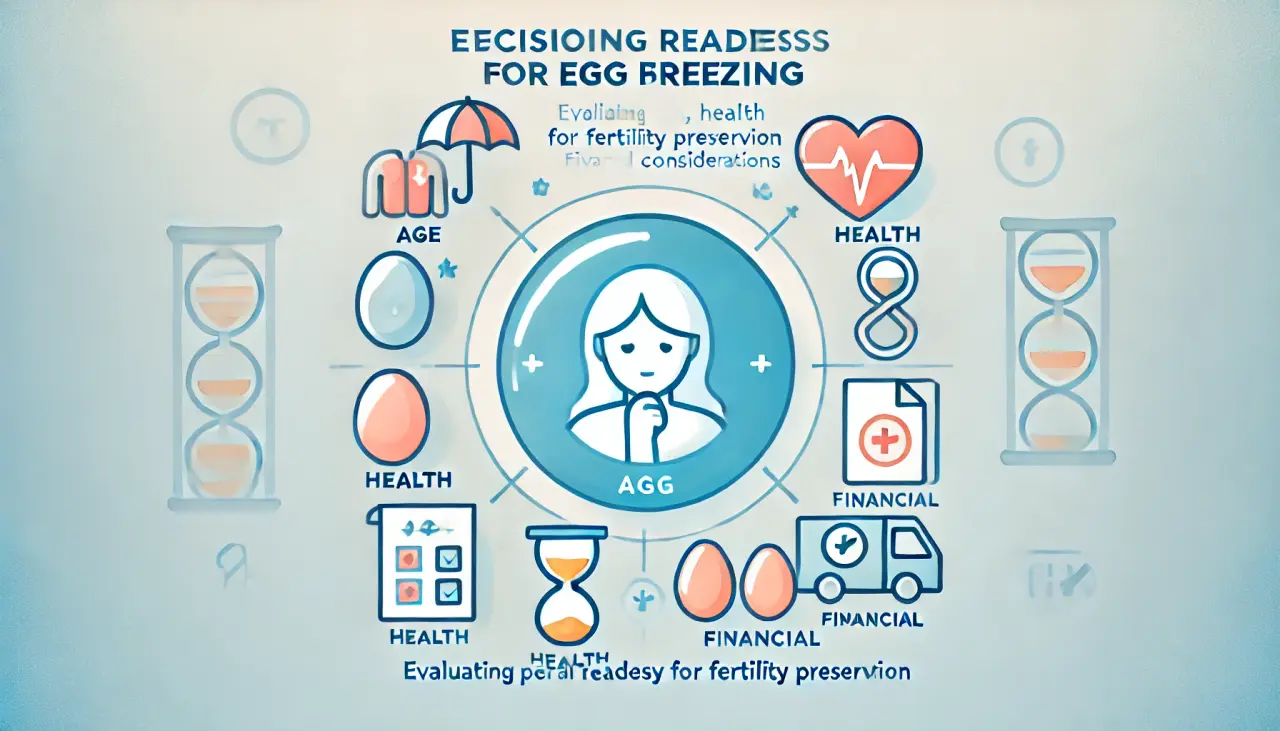 Illustration showing factors to consider in deciding if egg freezing is the right choice, including age, health, and finances.