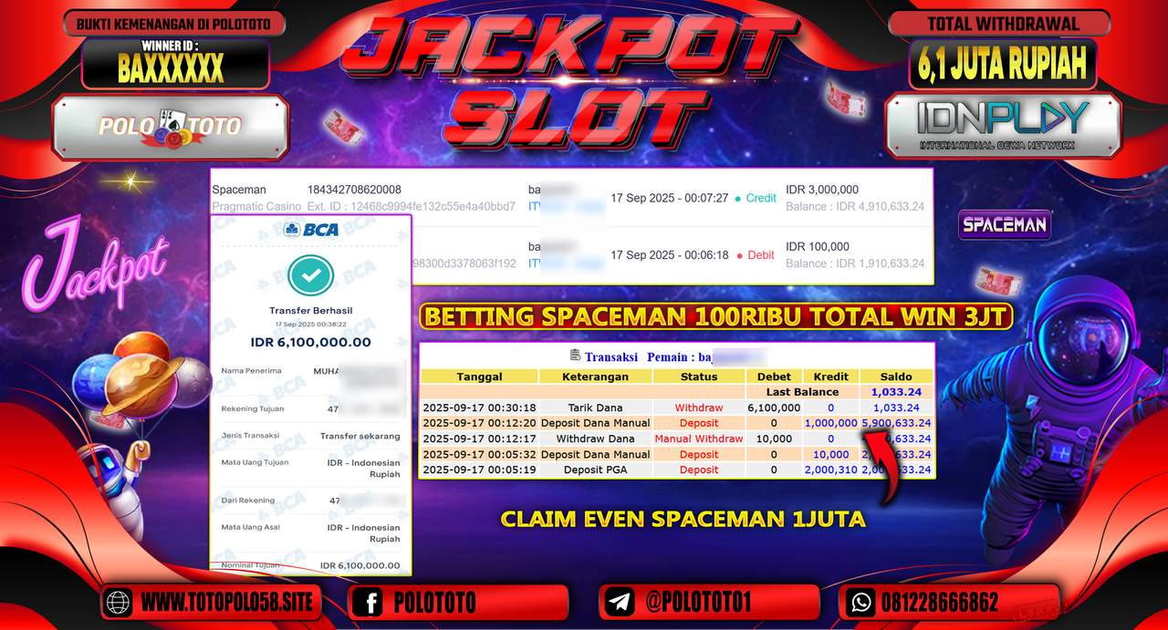 POLOTOTO JACKPOT SLOT SPACEMAN Rp.6.100.000,-