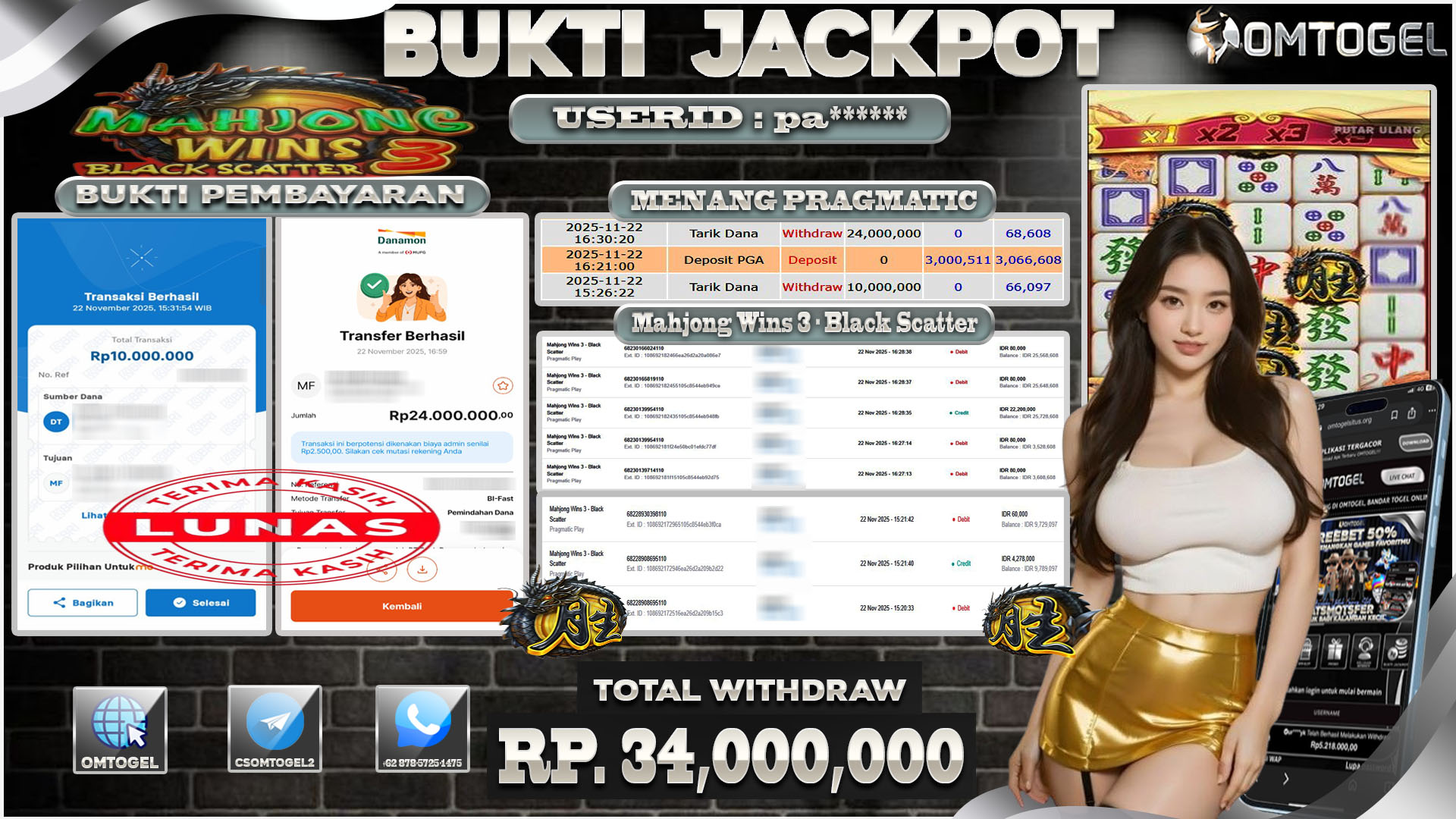 OMTOGEL JACKPOT PRAGMATIC PLAY MAHJONG WINS 3-BLACK SCATTER  ,34 JUTA DI BAYAR LUNAS ,-