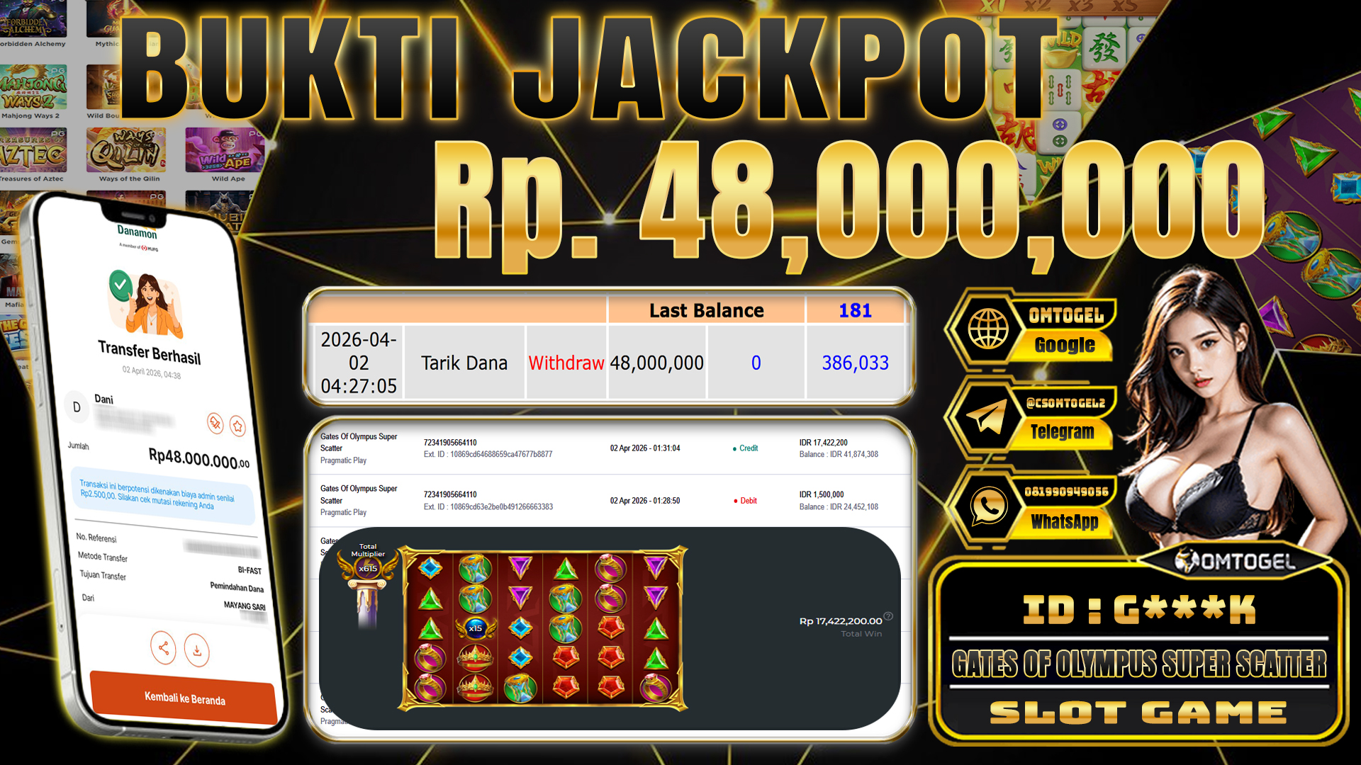 OMTOGEL JACKPOT PRAGMATIC PLAY GATES OF OLYMPUS SUPER SCATTER, 48 JUTA DI BAYAR LUNAS ,-