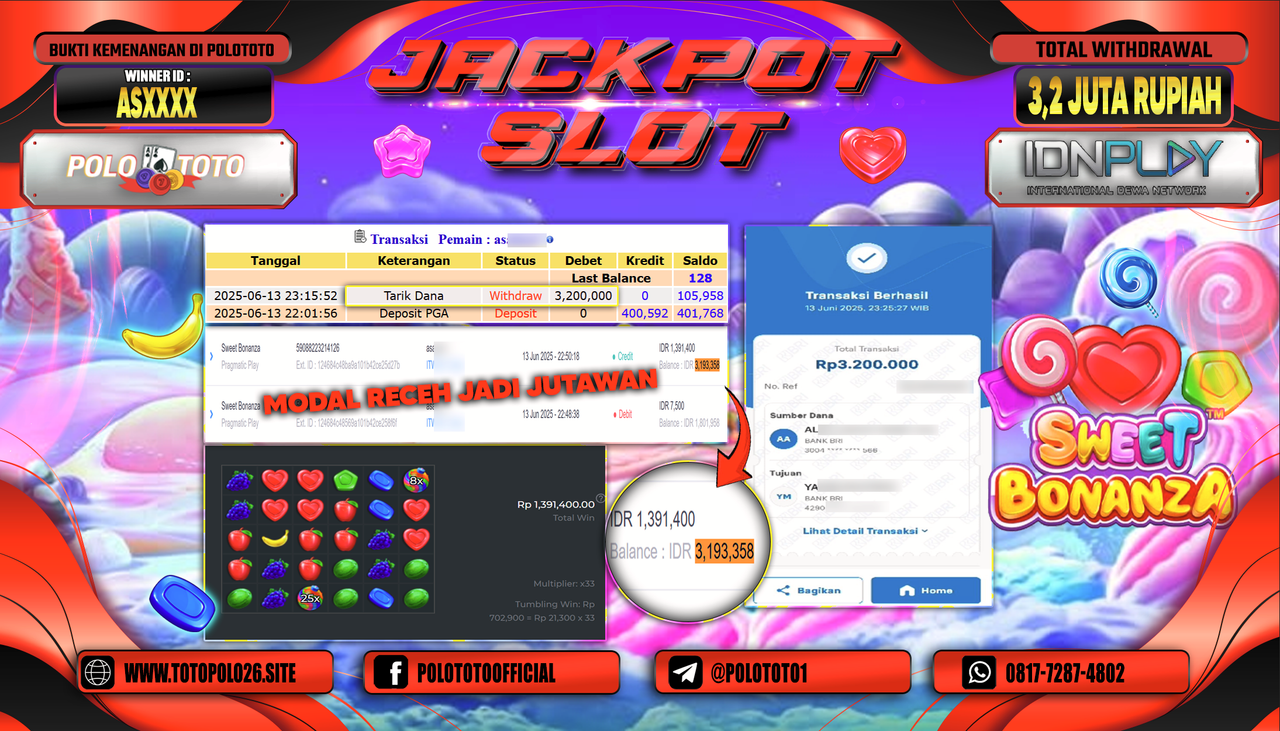POLOTOTO JACKPOT SLOT SWEET BONANZA Rp.3.200.000,-