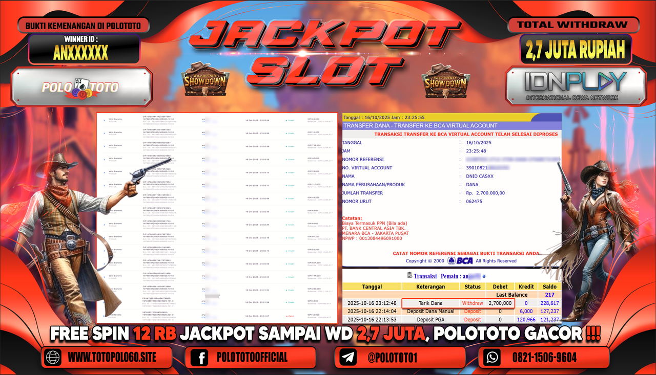 POLOTOTO JACKPOT SLOT WILD BANDITO Rp.2.700.000,-