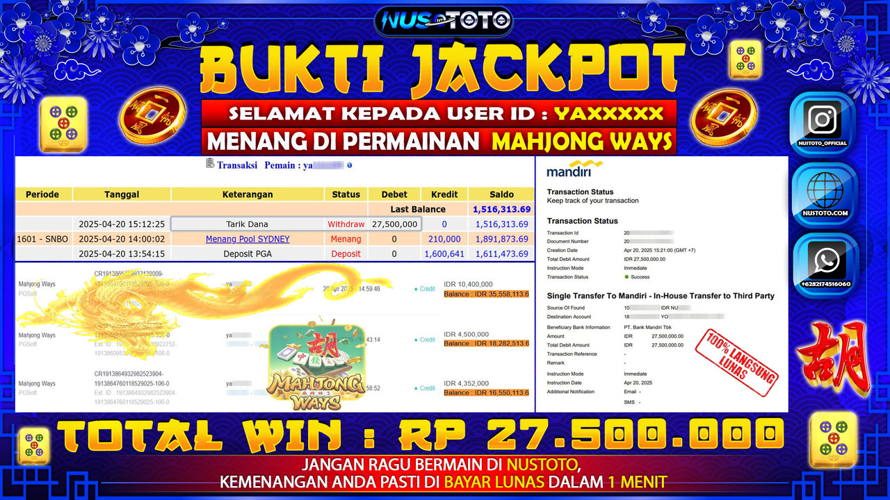 JACKPOT !! MENANG BESAR DI MAHJONG WAYS Rp. 27.500.000 LANGSUNG DI BAYAR LUNAS NUSTOTO !!