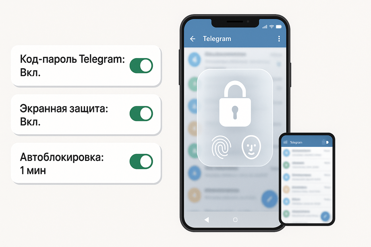 Защита устройства и приложения код-пароль, биометрия, блокировка и автозамок