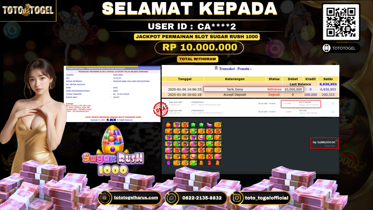 Bukti Pembayaran Jackpot  Permainan Slot Sugar Rush 1000 : CA****2 LUNAS