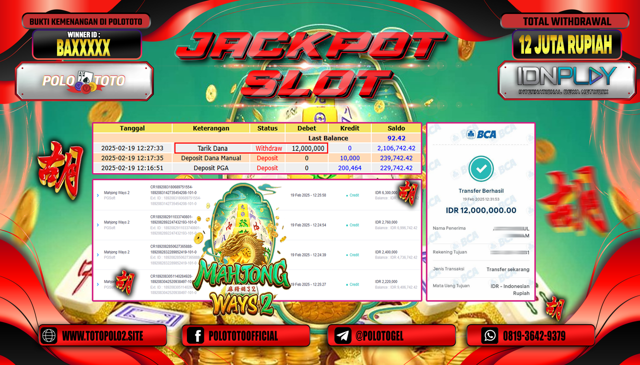POLOTOTO JACKPOT SLOT MAHJONG WAYS 2 Rp.12.000.000,-