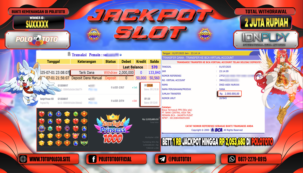 POLOTOTO JACKPOT SLOT STARLIGHT PRINCESS 1000 Rp.2.000.000,-