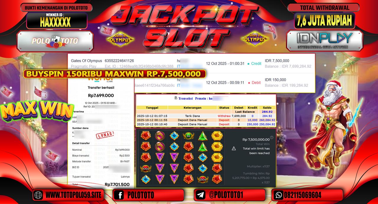 POLOTOTO JACKPOT SLOT GATES OF OLYMPUS Rp.7.600.000,- LUNAS