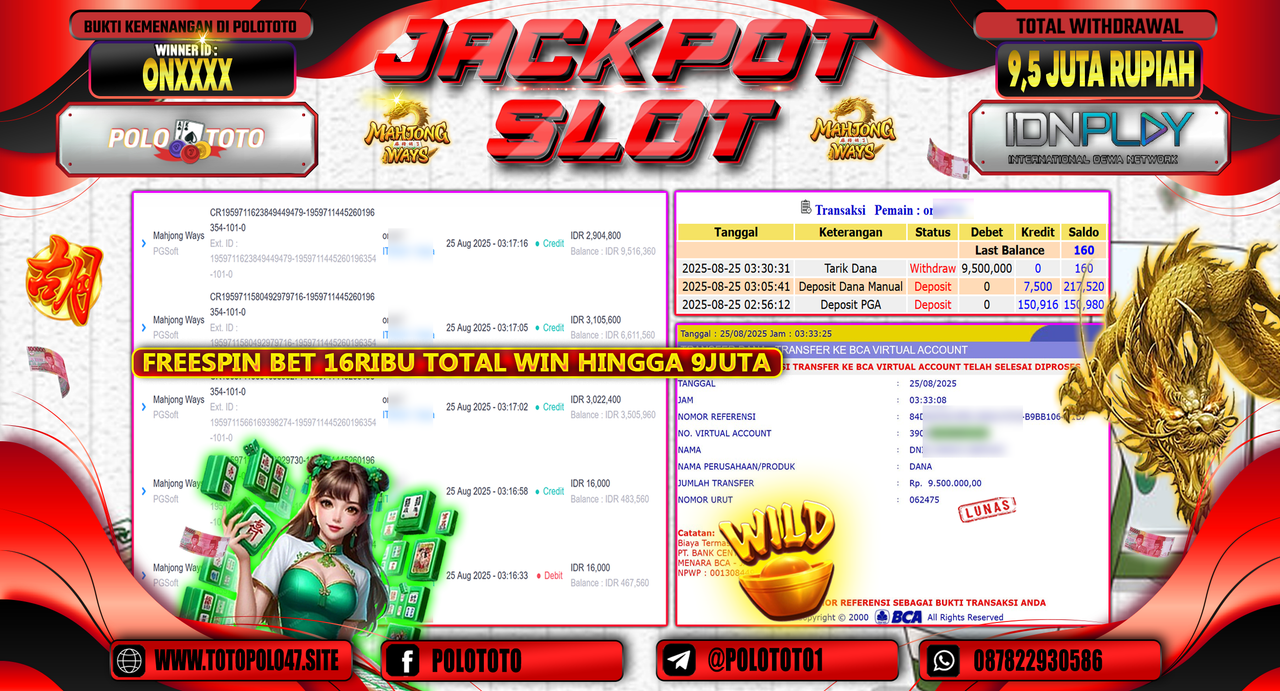 POLOTOTO JACKPOT SLOT MAHJONG WAYS Rp.9.500.000,-