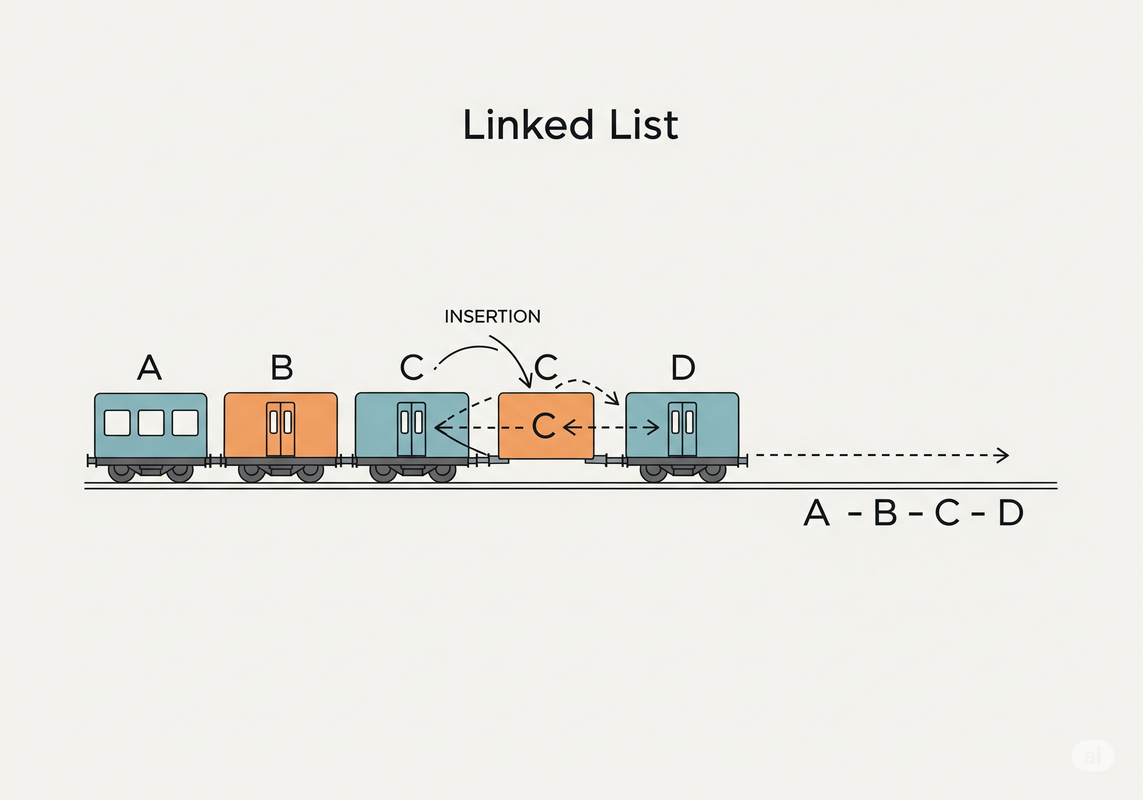 Illustration of linked list nodes as train cars being linked together