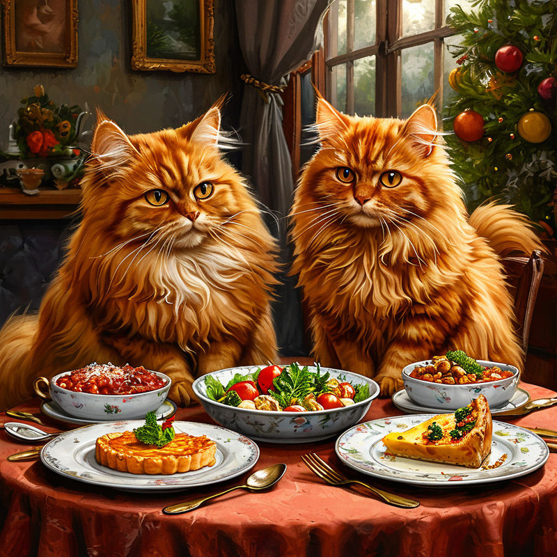 кот и кошка за столом