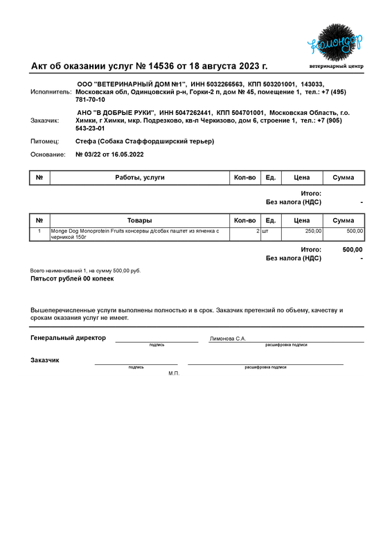 Акт об оказании услуг № ВЦ-14536 от 18.08.2023