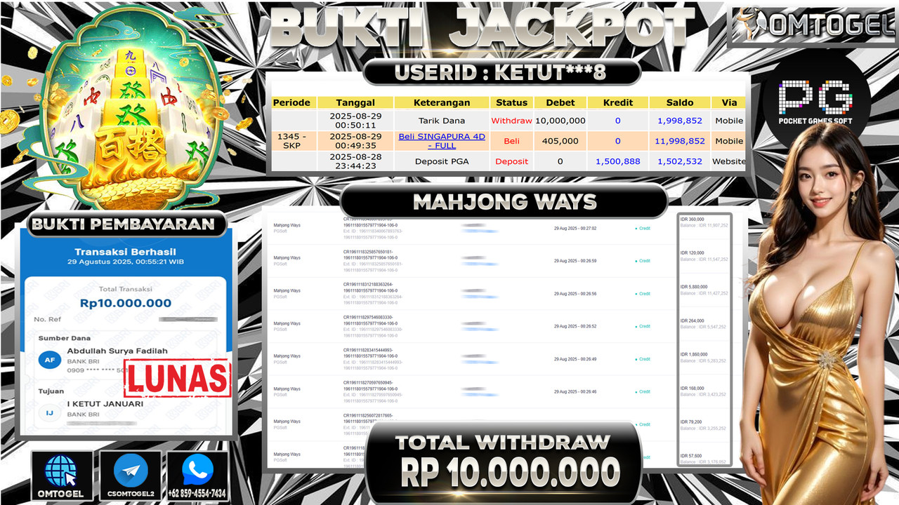 OMTOGEL JACKPOT PGSOFT MAHJONG WAYS 10 JUTA DI BAYAR LUNAS ,-