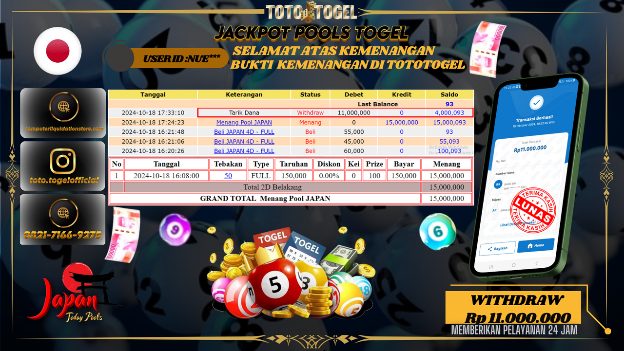 Bukti Kemenangan Permainan Pools Togel Japan  ID : NUE*** Terbayar Lunas!!