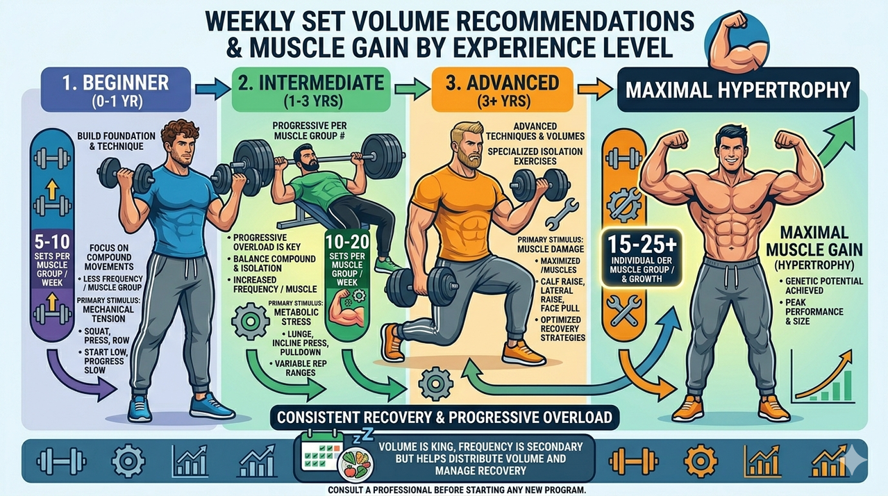 Chart showing weekly set volume recommendations for beginners, intermediates, advanced, illustrating training volume muscle gain