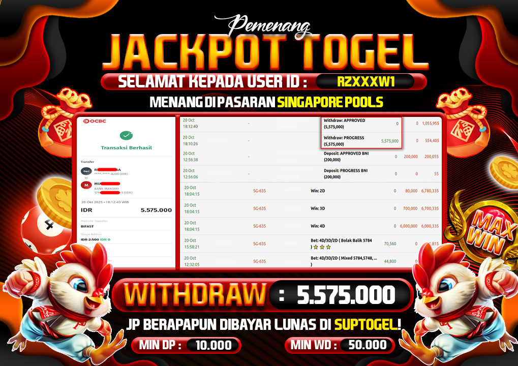  BUKTI KEMENANGAN 20 OCTOBER 2025 MENANG DI PERMAINAN TOGEL PASARAN SINGAPORE POOLS 5,5JT