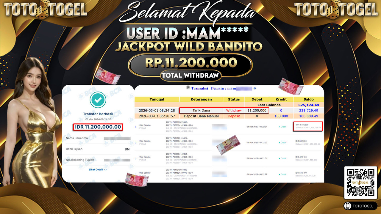 Bukti Pembayaran Jackpot Permainan Slot Wild Bandito ID:MAM*****LUNAS